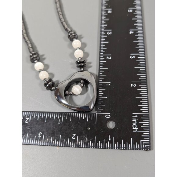 Artisan Boho Western White Glass Cats Eye Gray Hematite Stone Heart Necklace 18" - Picture 8 of 8
